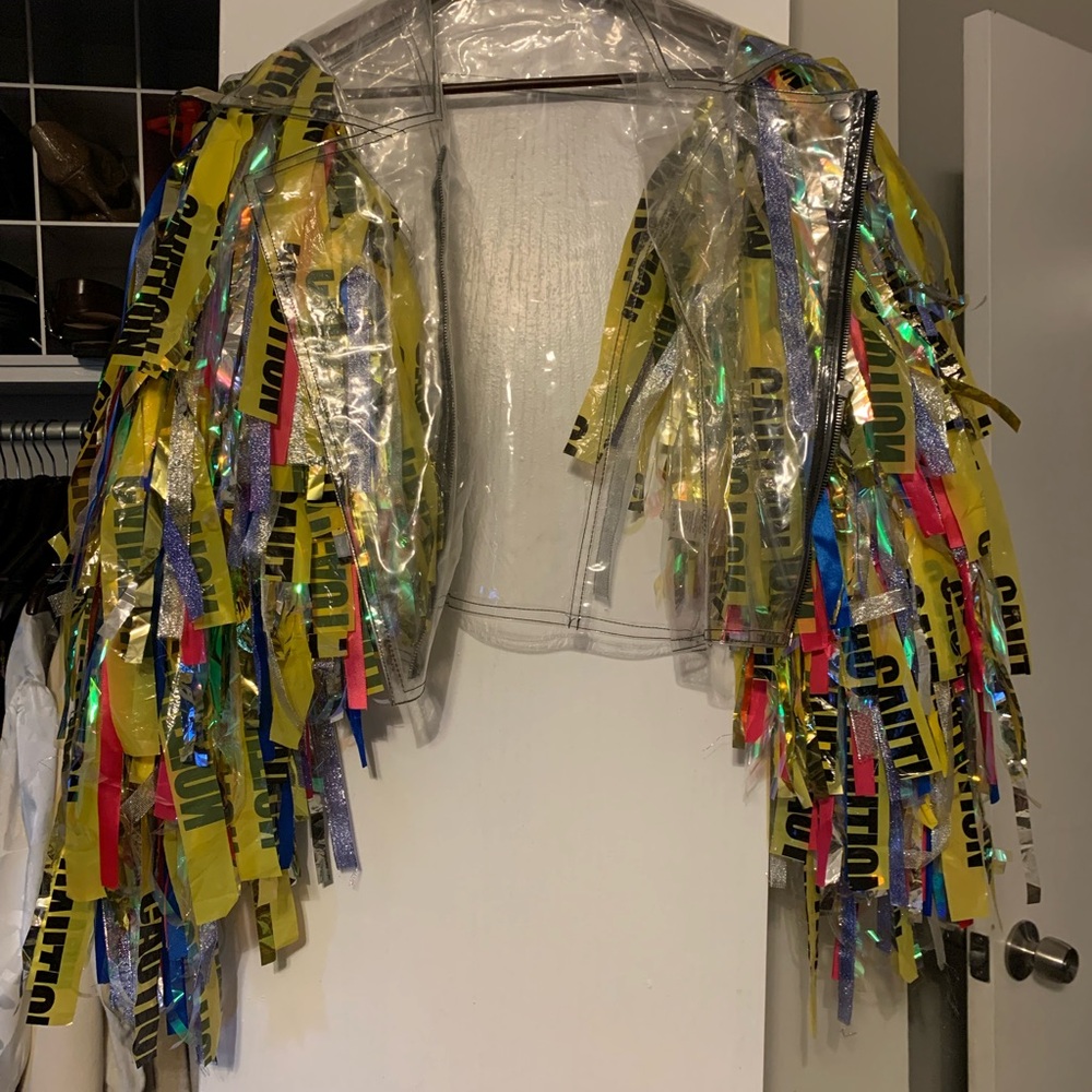 Clear Harley Quinn Jacket with Caution Tape Fringe